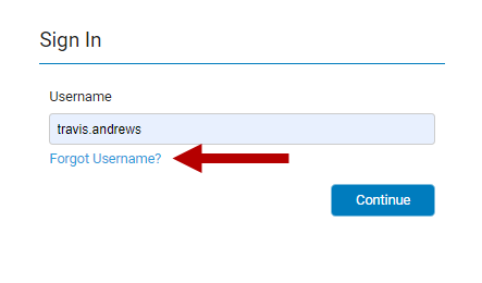 "Image of the Initial sign-in screen with username input, Continue button, and Forgot Username link."