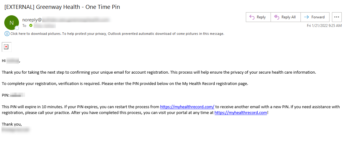 "Image of an Email that is sent to your unique email address with the pincode."